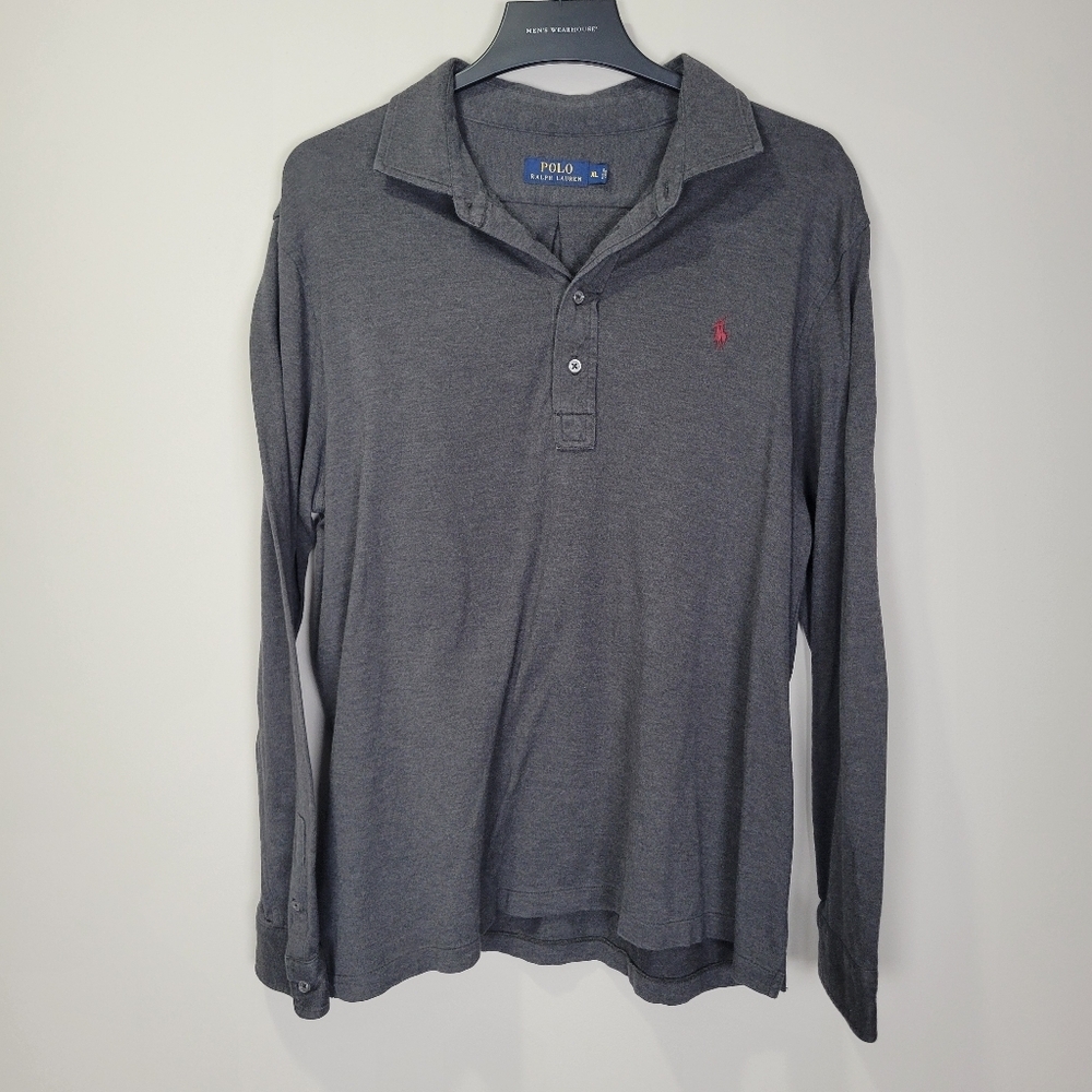Polo Ralph Lauren Men's Cotton Gray Long Sleeve 1/4 Button Up Polo Size XL Logo - Picture 2 of 7